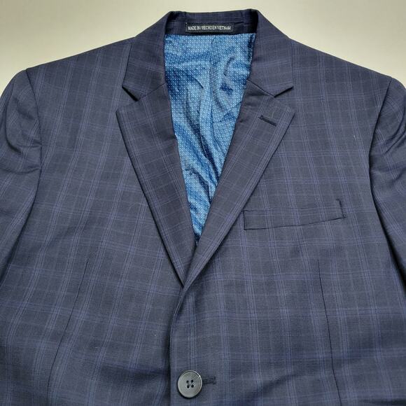 Original Penguin Navy Blue Plaid Window Pane Suit Blazer 2 Button Wool Blend 38R - Picture 2 of 7